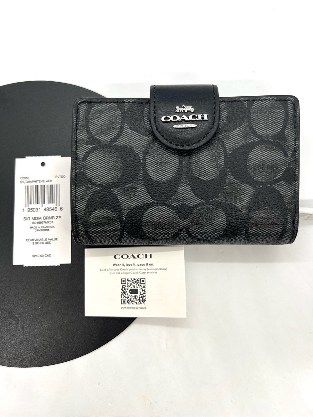 Coach Medium Corner Zip Wallet Signature Canvas Graphite Black C0082 NWT - Picture 2 of 16